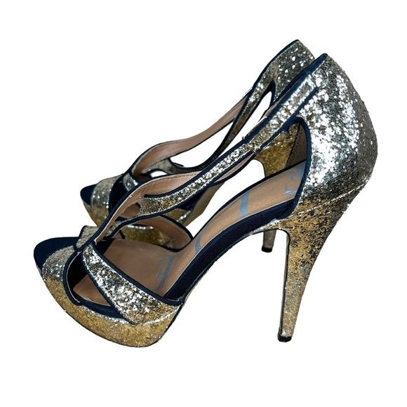 Size 8 ELLE Gold Glitter Stiletto Heels Ankle Strep Peeptoe Event Cocktail - Picture 1 of 9